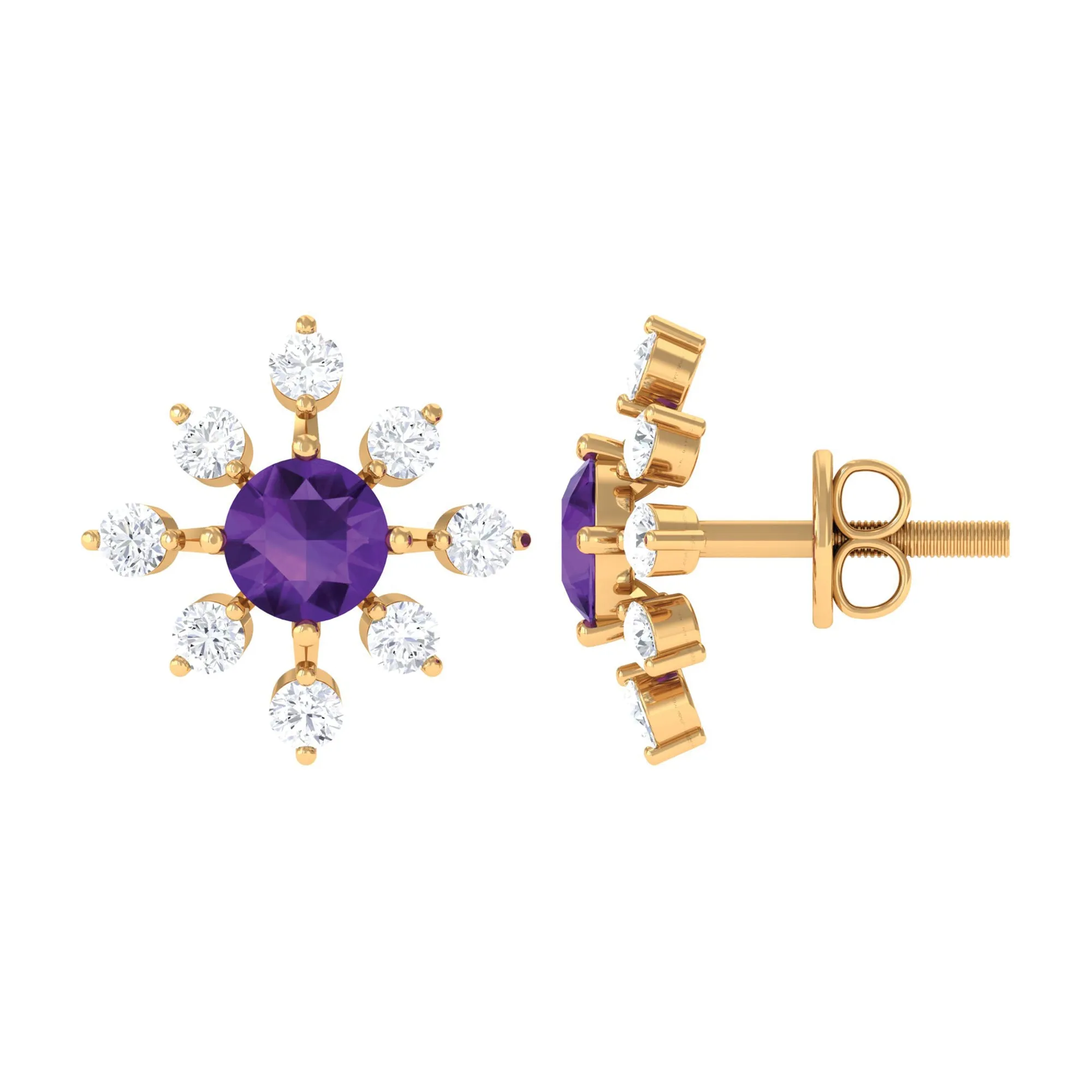 Minimal Amethyst Snowflake Stud Earrings with Diamond