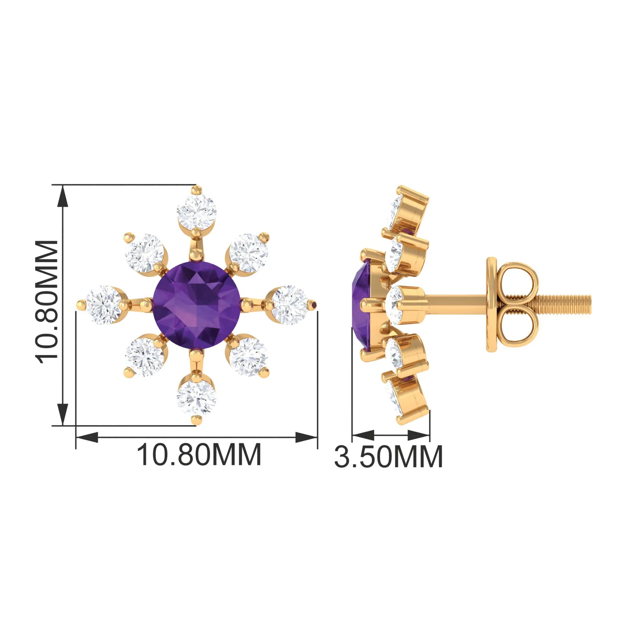 Minimal Amethyst Snowflake Stud Earrings with Diamond