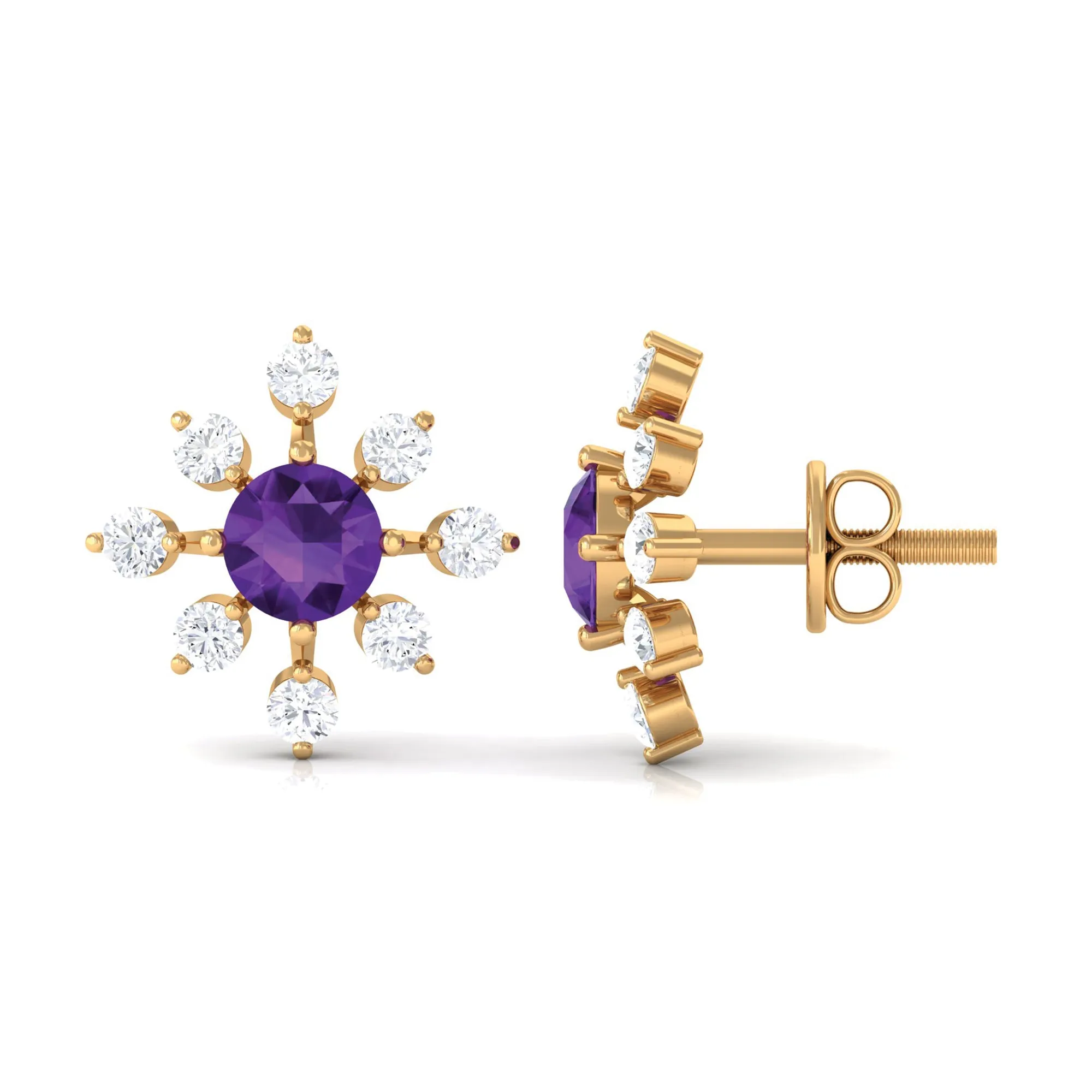 Minimal Amethyst Snowflake Stud Earrings with Diamond