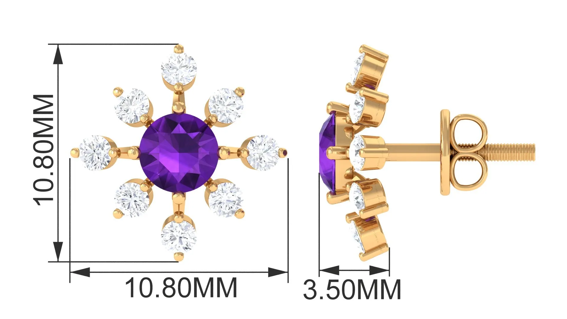 Minimal Amethyst Snowflake Stud Earrings with Diamond