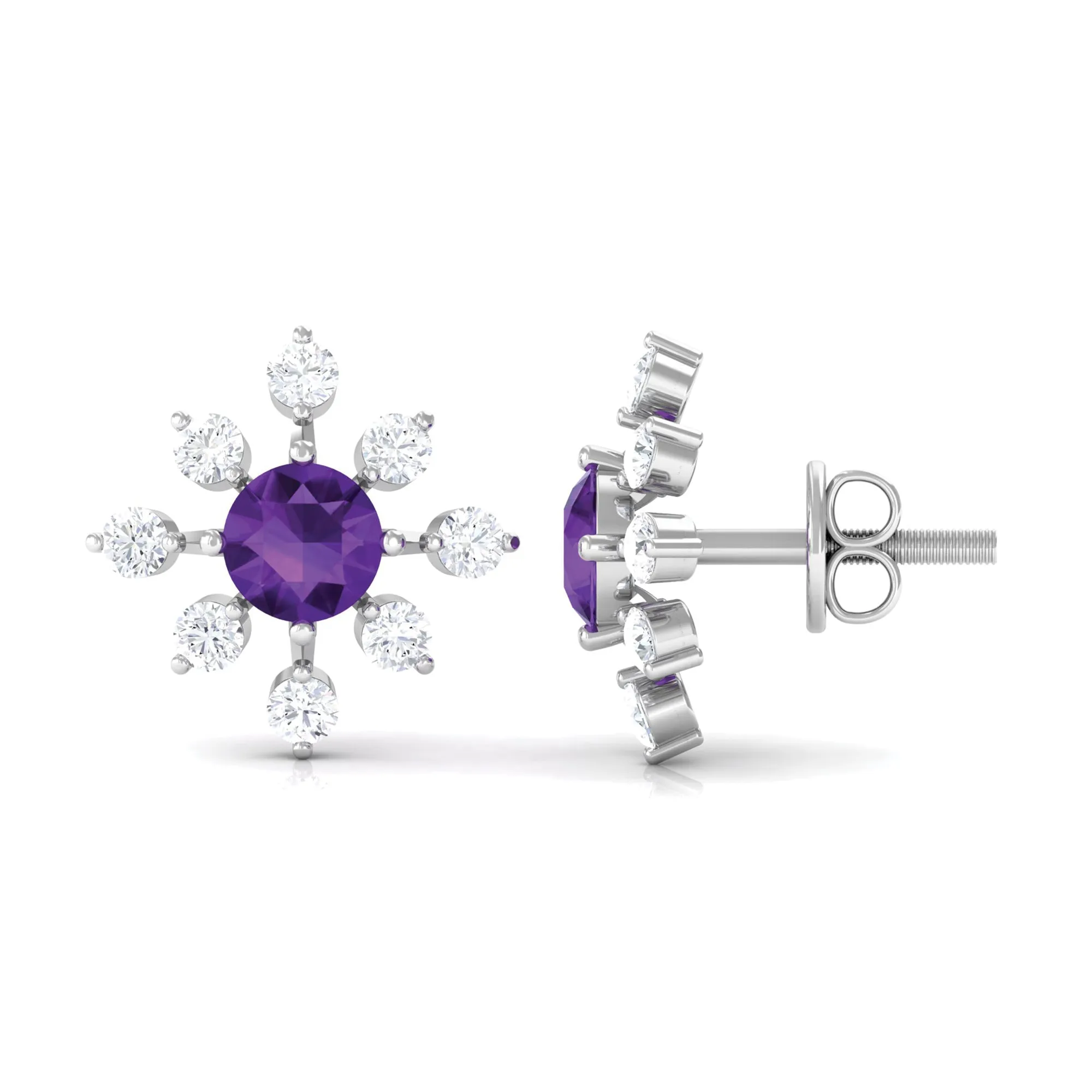 Minimal Amethyst Snowflake Stud Earrings with Diamond