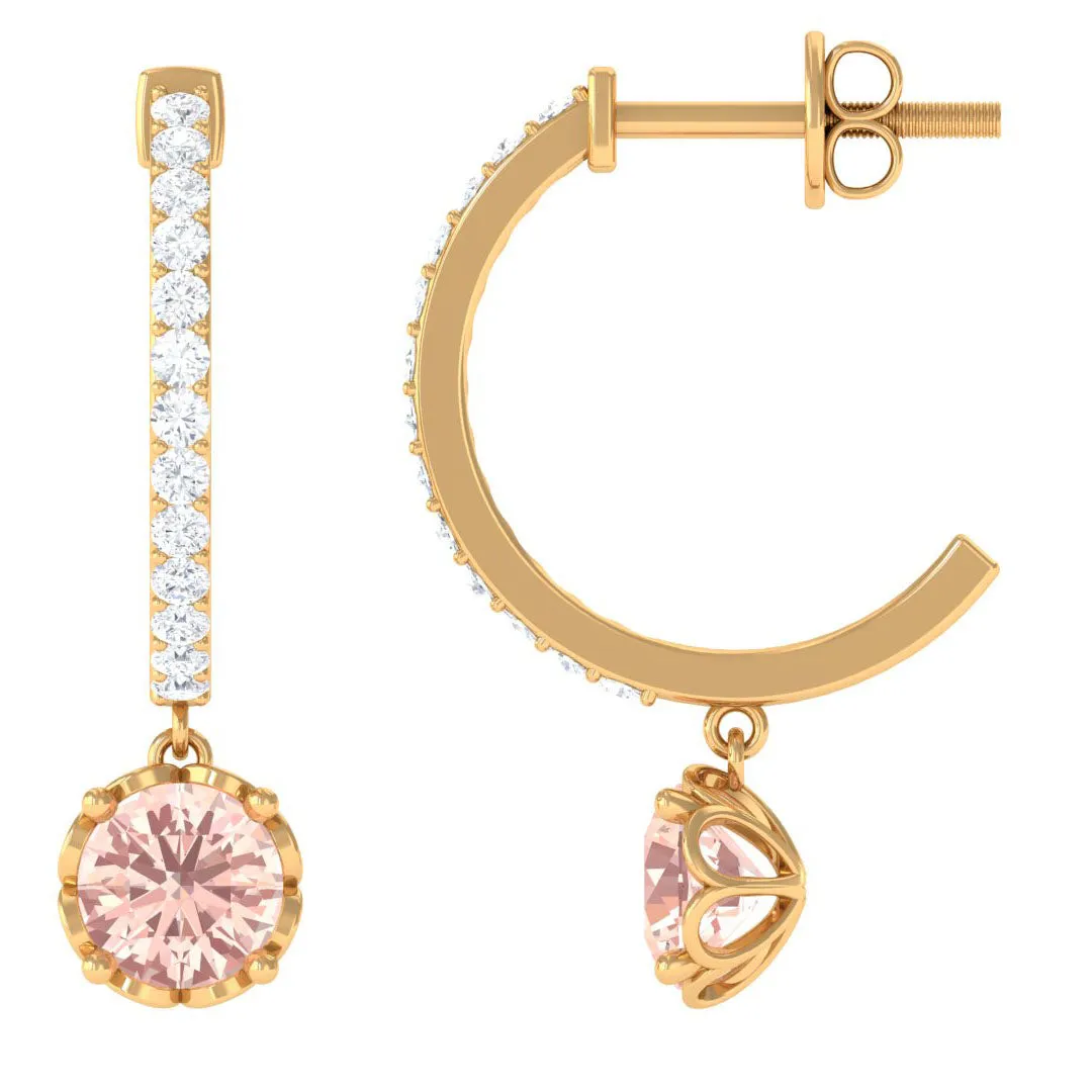 Minimal Round Morganite and Diamond Hoop Drop Earrings