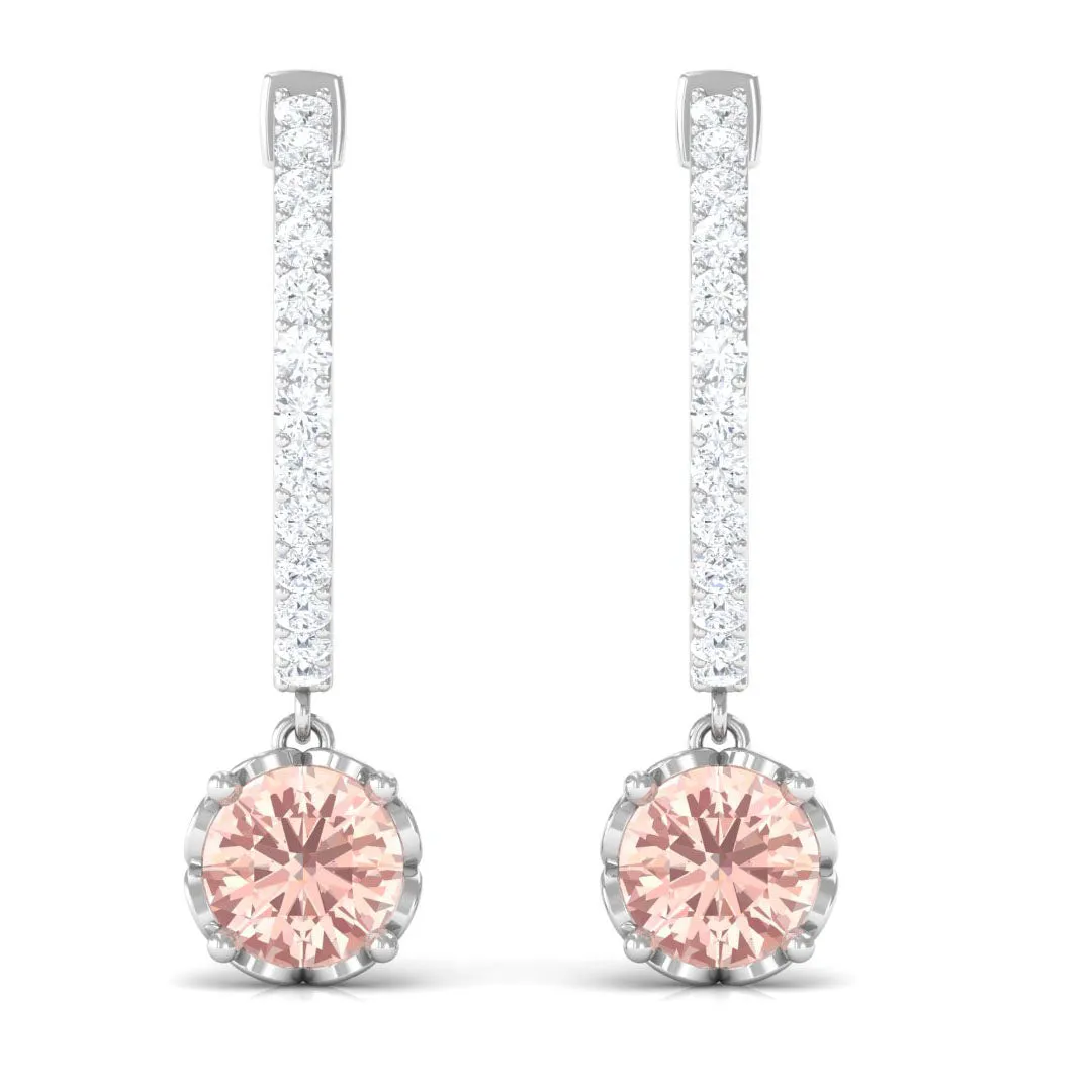 Minimal Round Morganite and Diamond Hoop Drop Earrings