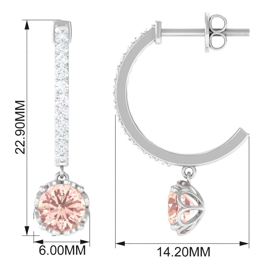 Minimal Round Morganite and Diamond Hoop Drop Earrings