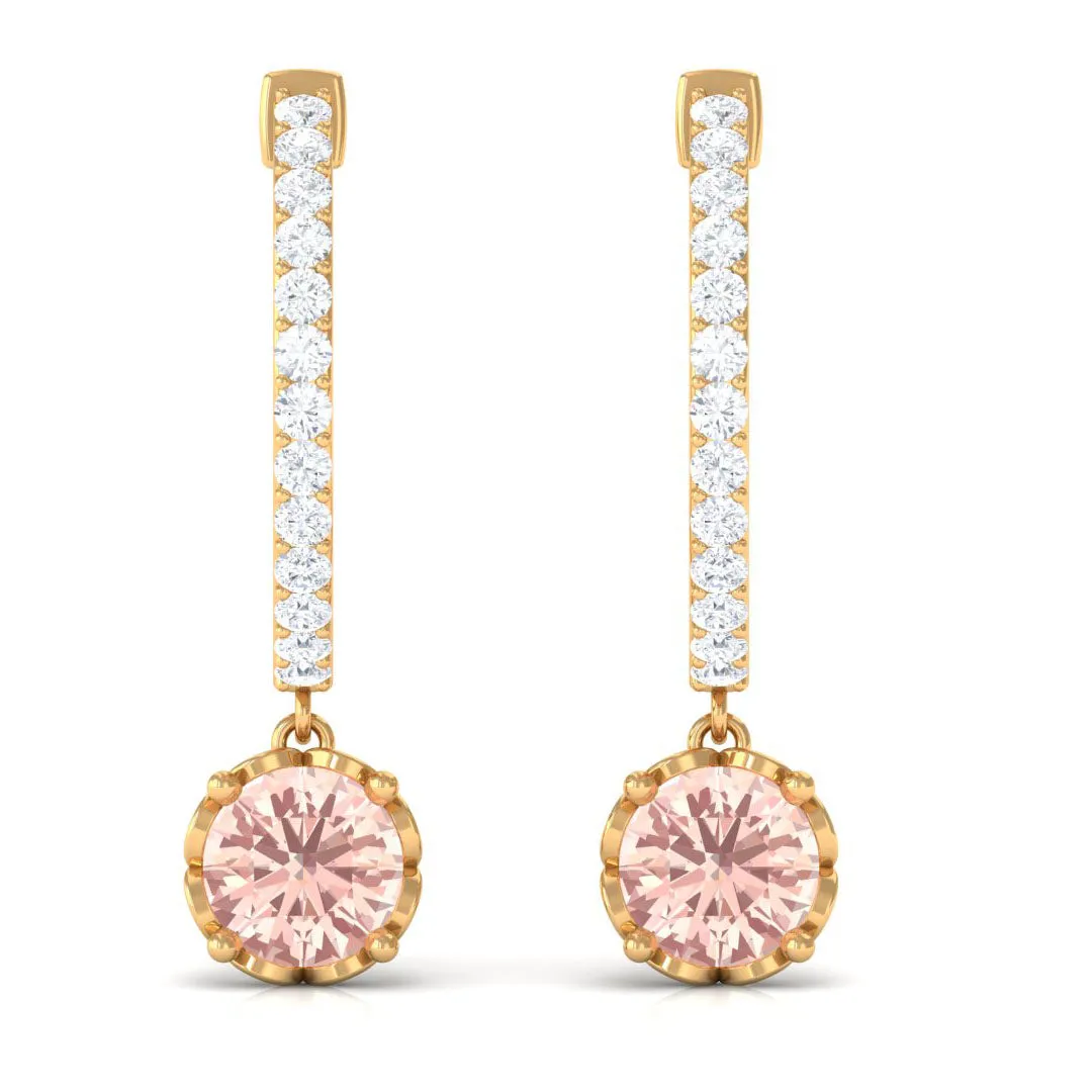 Minimal Round Morganite and Diamond Hoop Drop Earrings