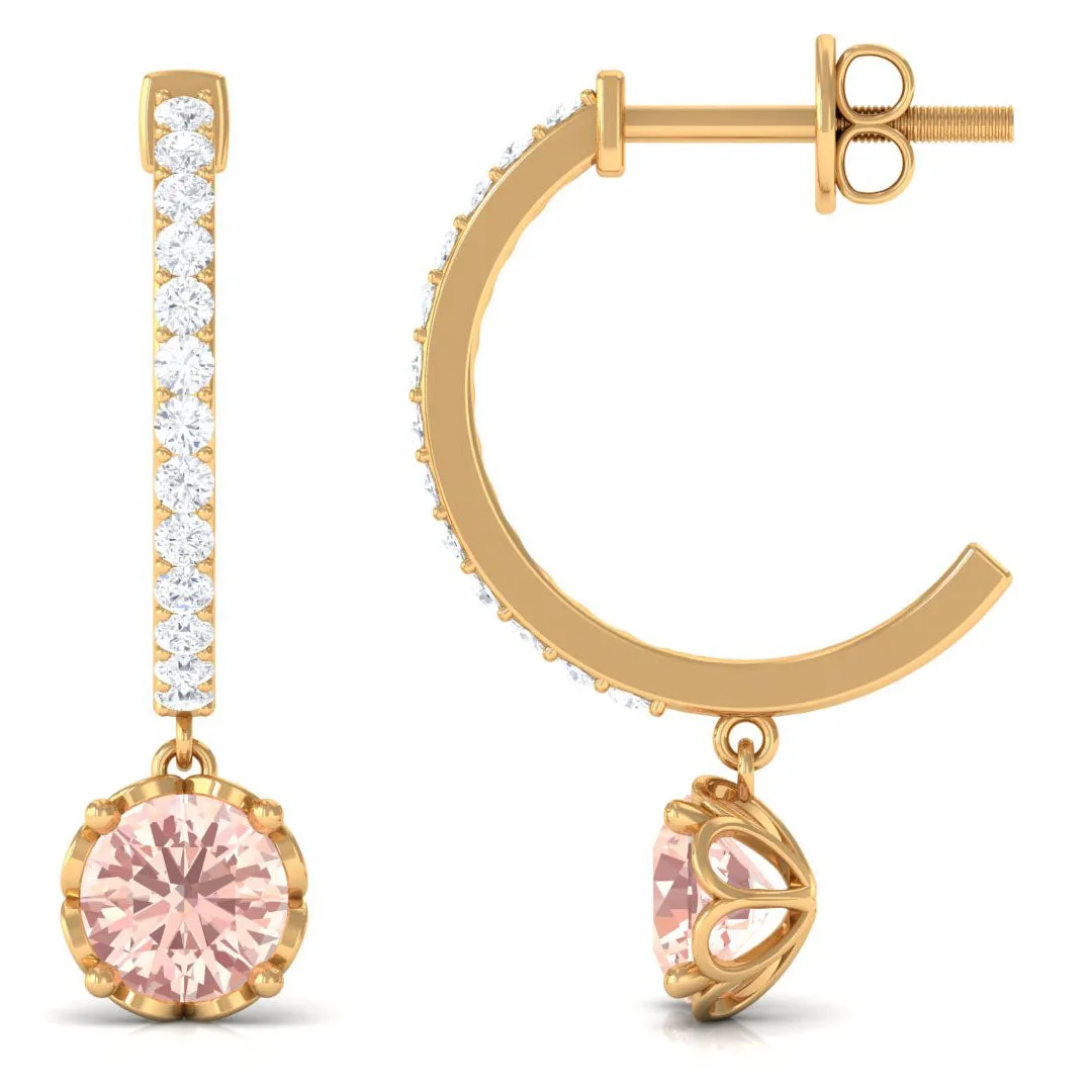 Minimal Round Morganite and Diamond Hoop Drop Earrings