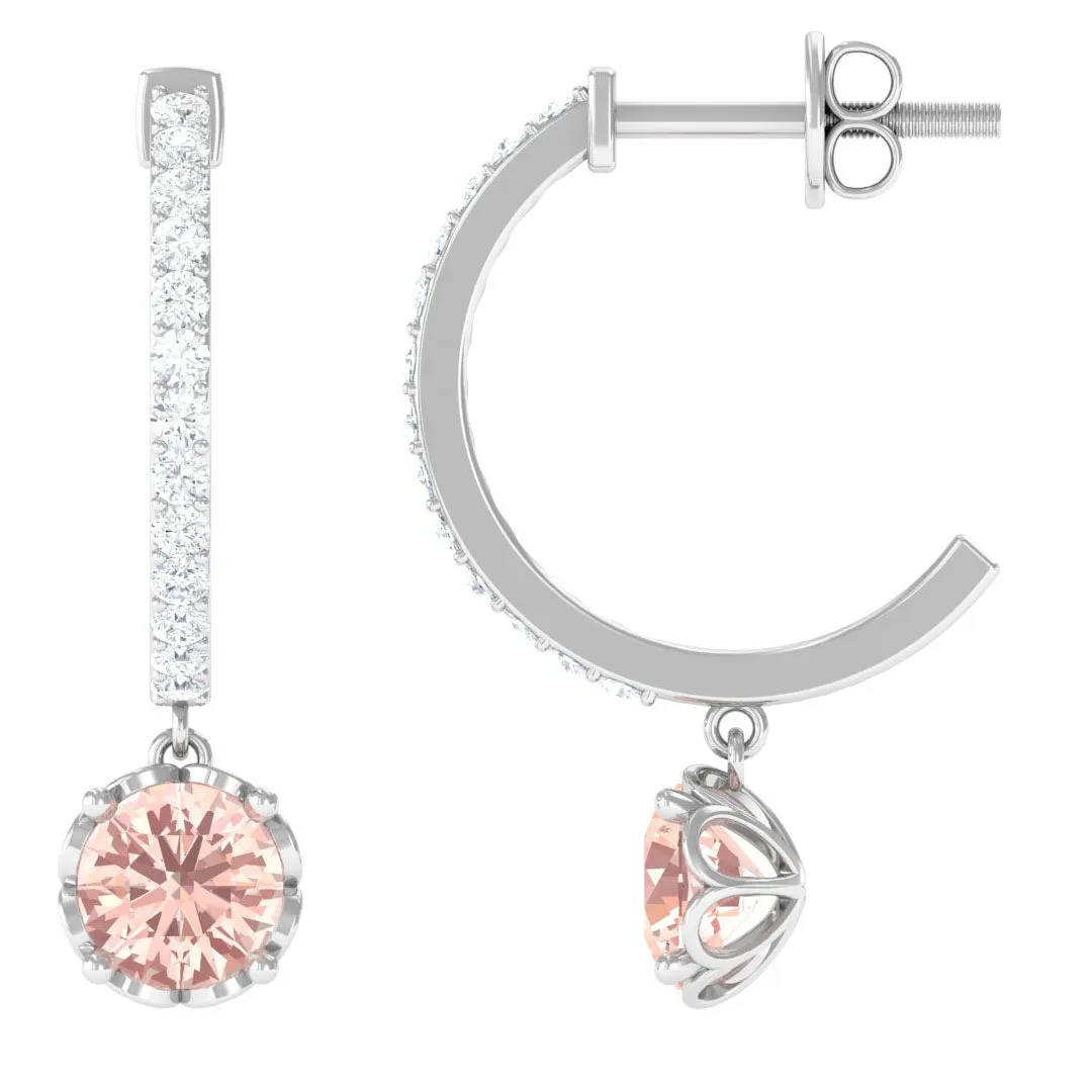 Minimal Round Morganite and Diamond Hoop Drop Earrings