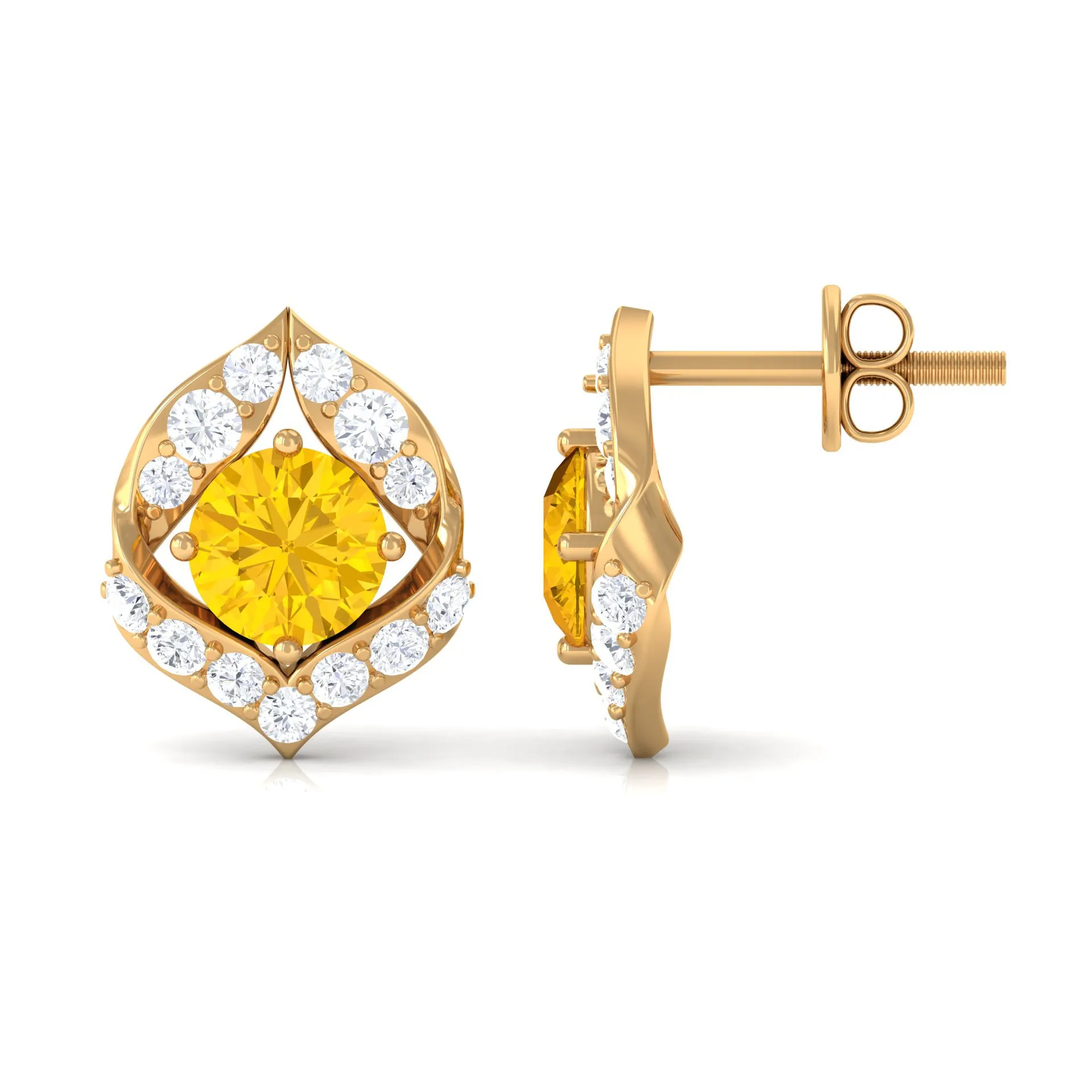 Minimal Yellow Sapphire and Diamond Petal Stud Earrings