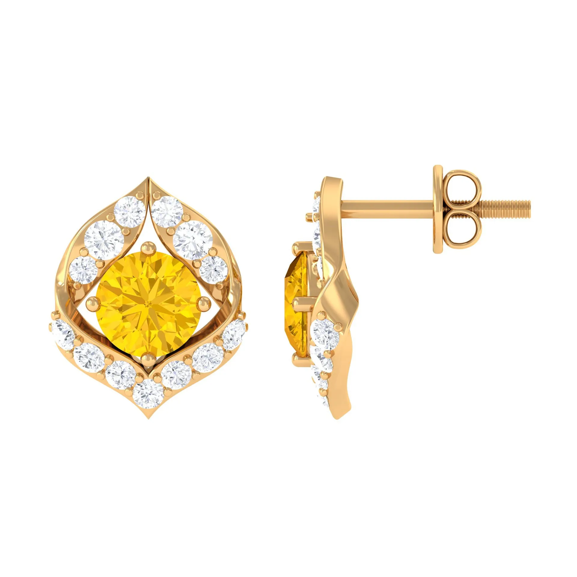 Minimal Yellow Sapphire and Diamond Petal Stud Earrings