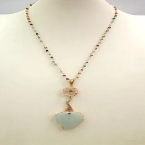 Multi-color Stone Chain with Citrine on a Carved Frosted Quartz with Amethyst and Carved Leaf Jade Terra Firma Pendant