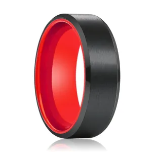 NEWT | Red Ring, Black Tungsten Ring, Brushed, Beveled