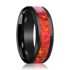 NOVA | Black Ceramic Ring, Red Opal Inlay, Beveled