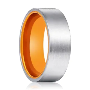 NUTMEG | Orange Ring, Silver Tungsten Ring, Brushed, Flat