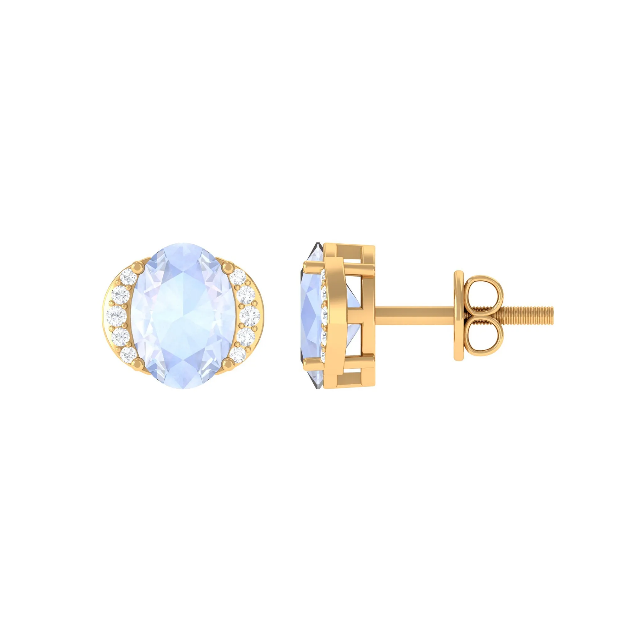 Oval Moonstone Minimal Solitaire Stud Earrings with Diamond