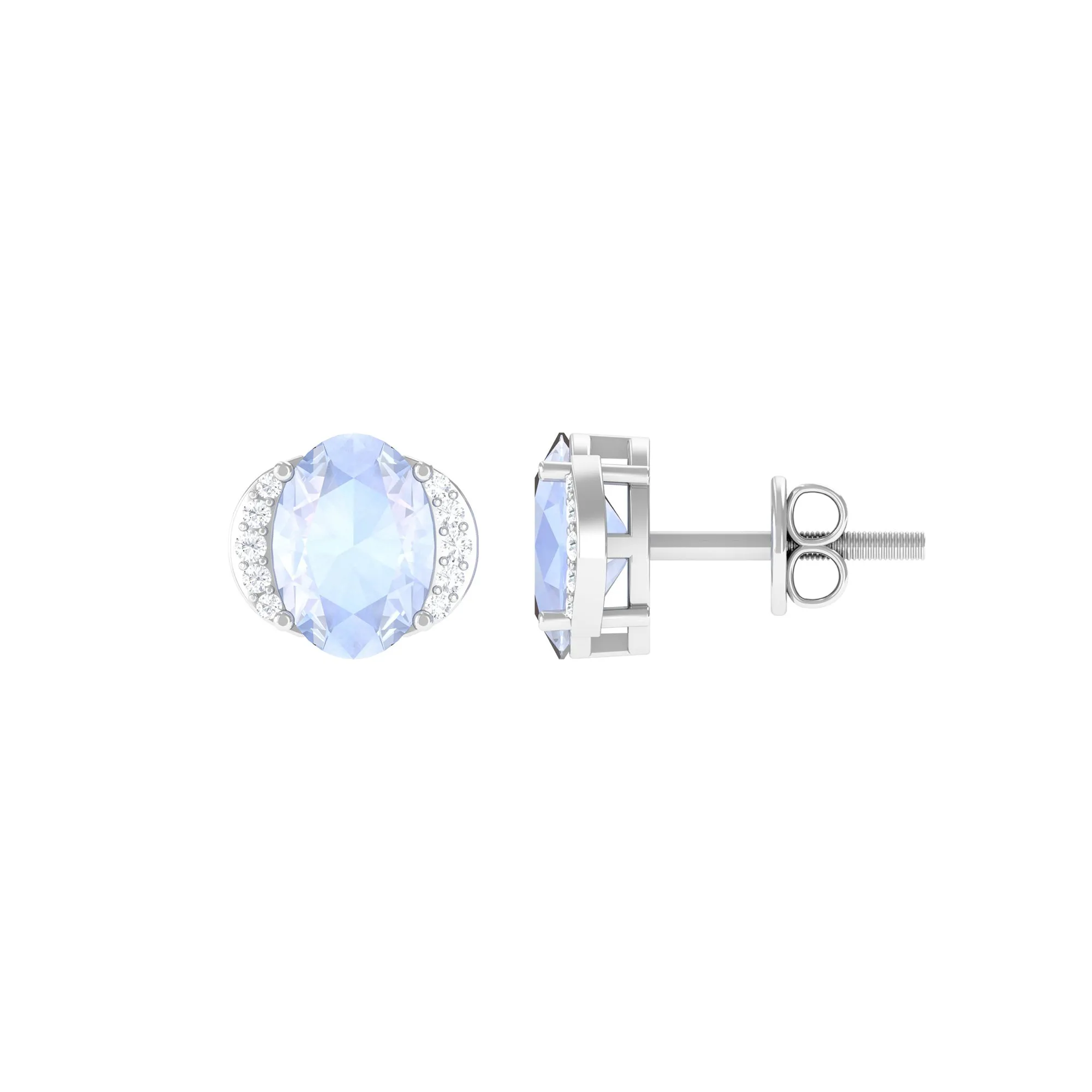 Oval Moonstone Minimal Solitaire Stud Earrings with Diamond