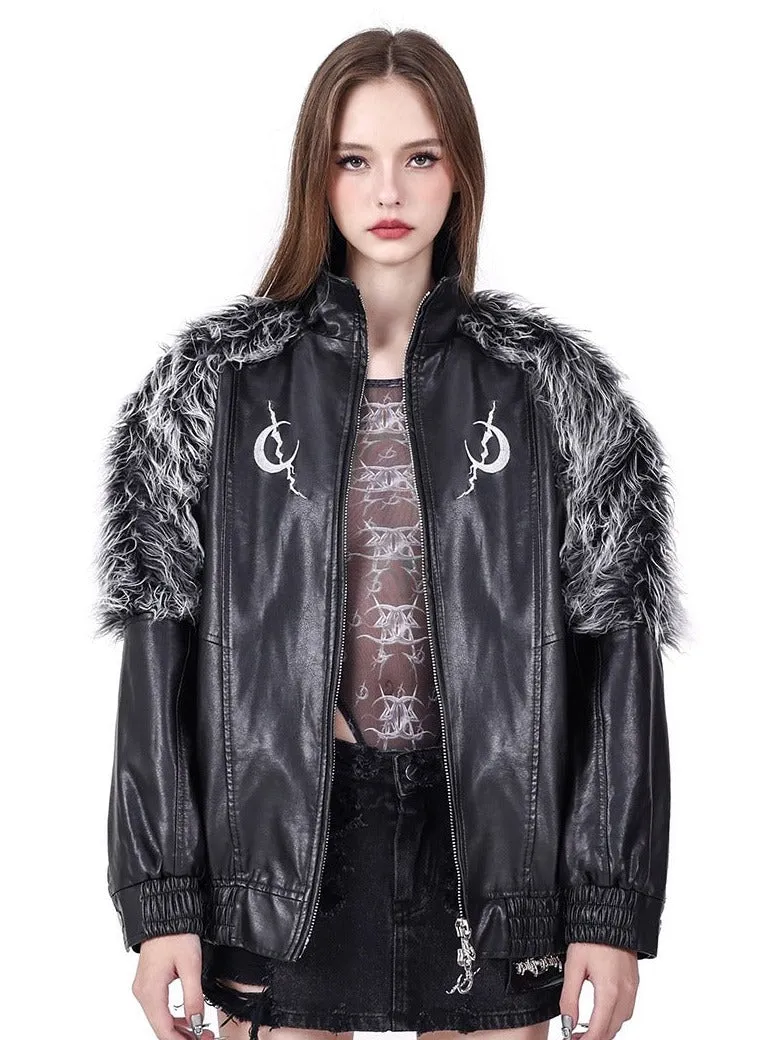 PINKSPINK Gothic Lunar Bomber Jacket - Black with Faux Fur