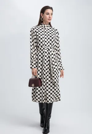 Polka-Dot Stand Collar Concealed Button Placket Dress