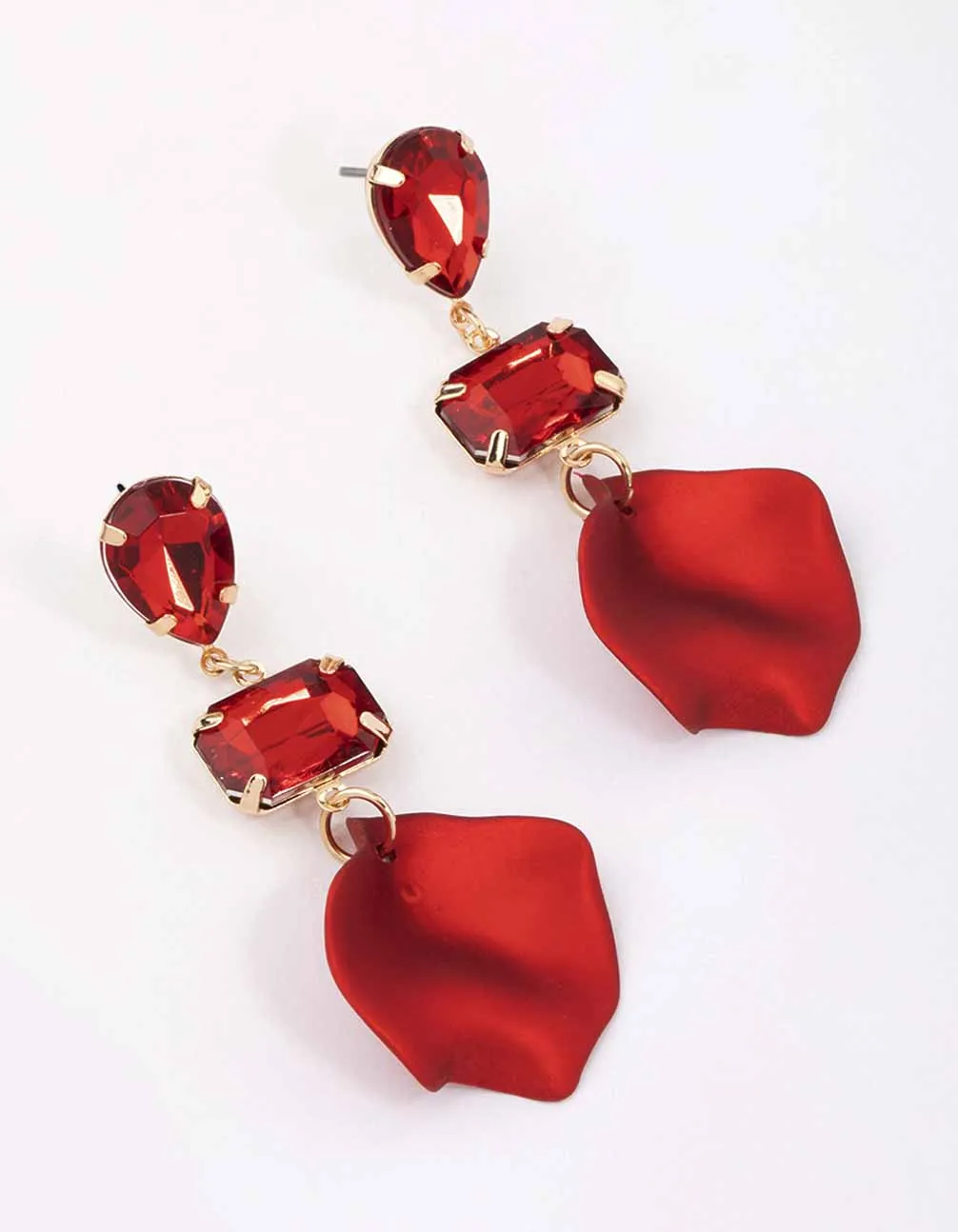 Red Pear & Rectangle Diamante Petal Drop Earrings