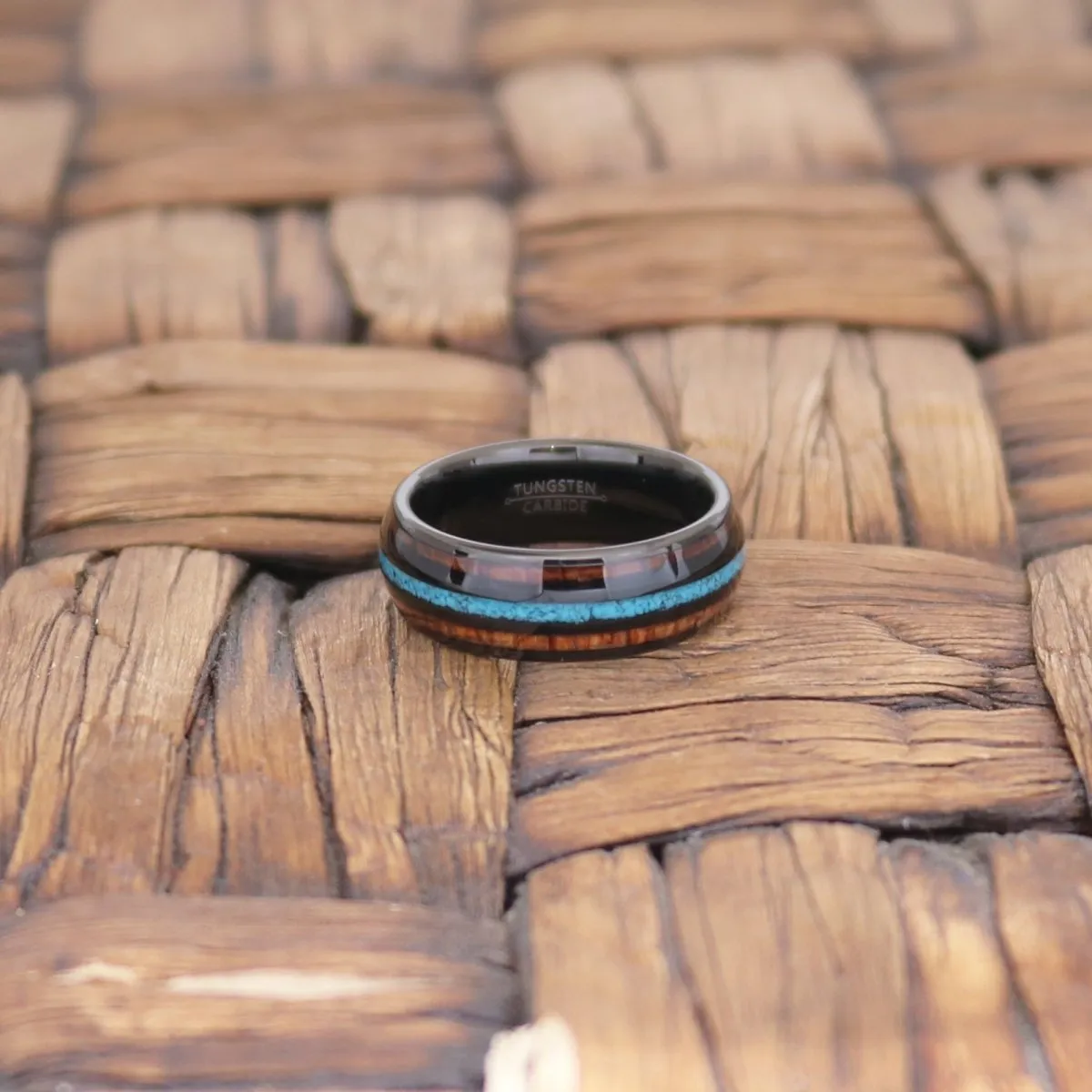 RYKER | Black Tungsten Ring, Koa Wood & Turquoise Inlay, Domed