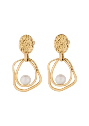 Sea Coin Trapeze Gold Pearl Earrings