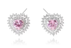 Silver Plated Pink Cubic Zirconia Double Heart Studs