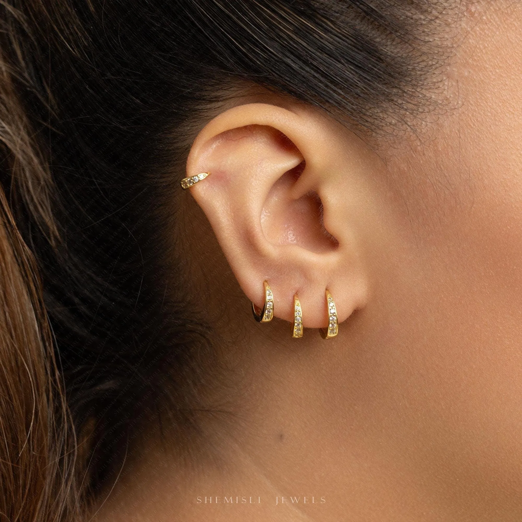 Simple CZ Hoop Earrings, Huggies, 6, 7, 8, 9, 10mm Unisex, Gold, Silver SHEMISLI SH180, SH181, SH182, SH183, SH184