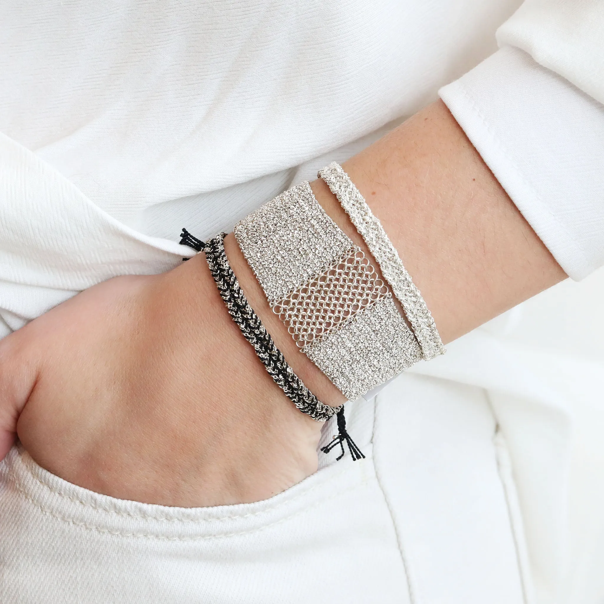 Sterling Silver Chain and White Silk Woven Bracelet