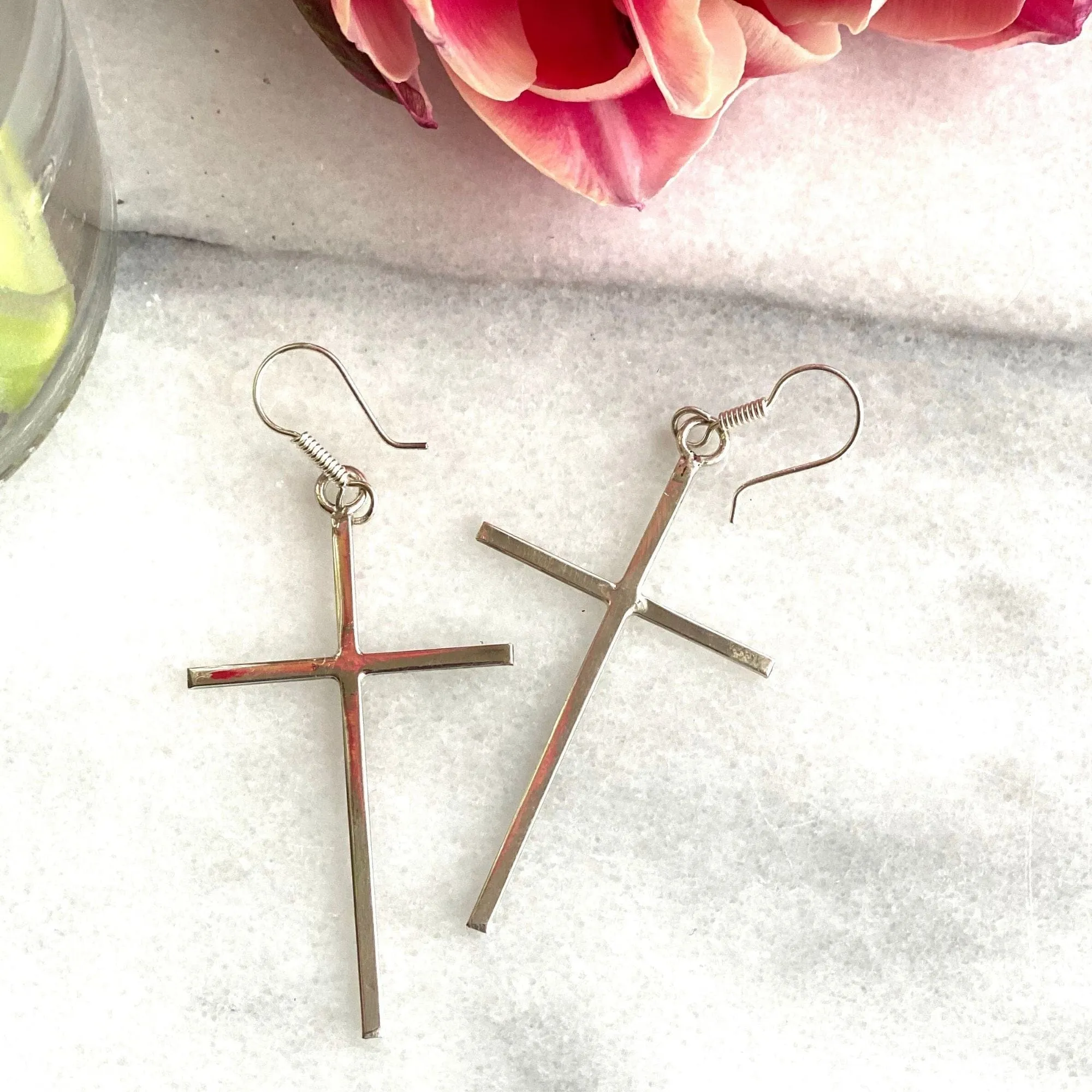 Sterling Silver Cross Drop Earrings Handmade in Mexico