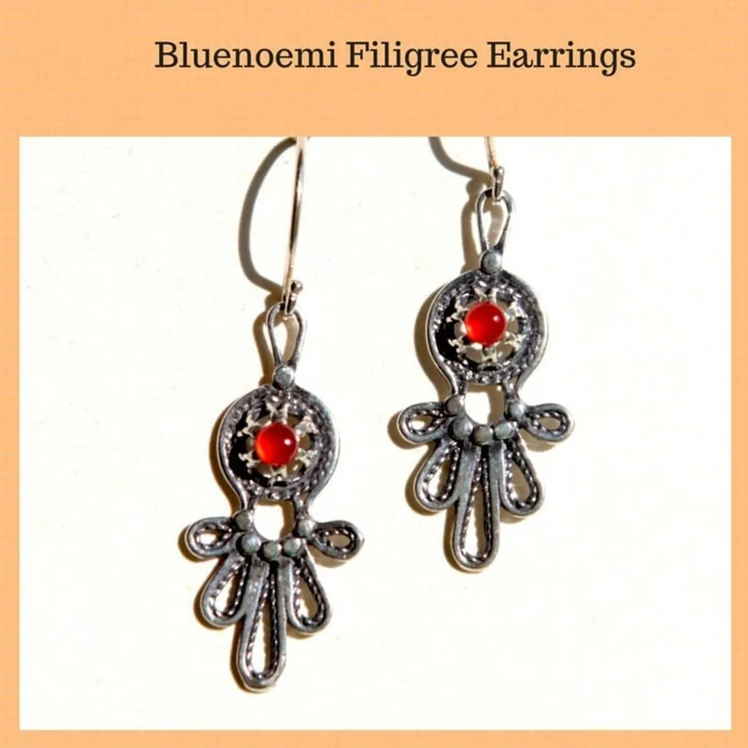 Sterling silver earrings Delicate Filigree cornelian / Eilat stones israeli earrings.