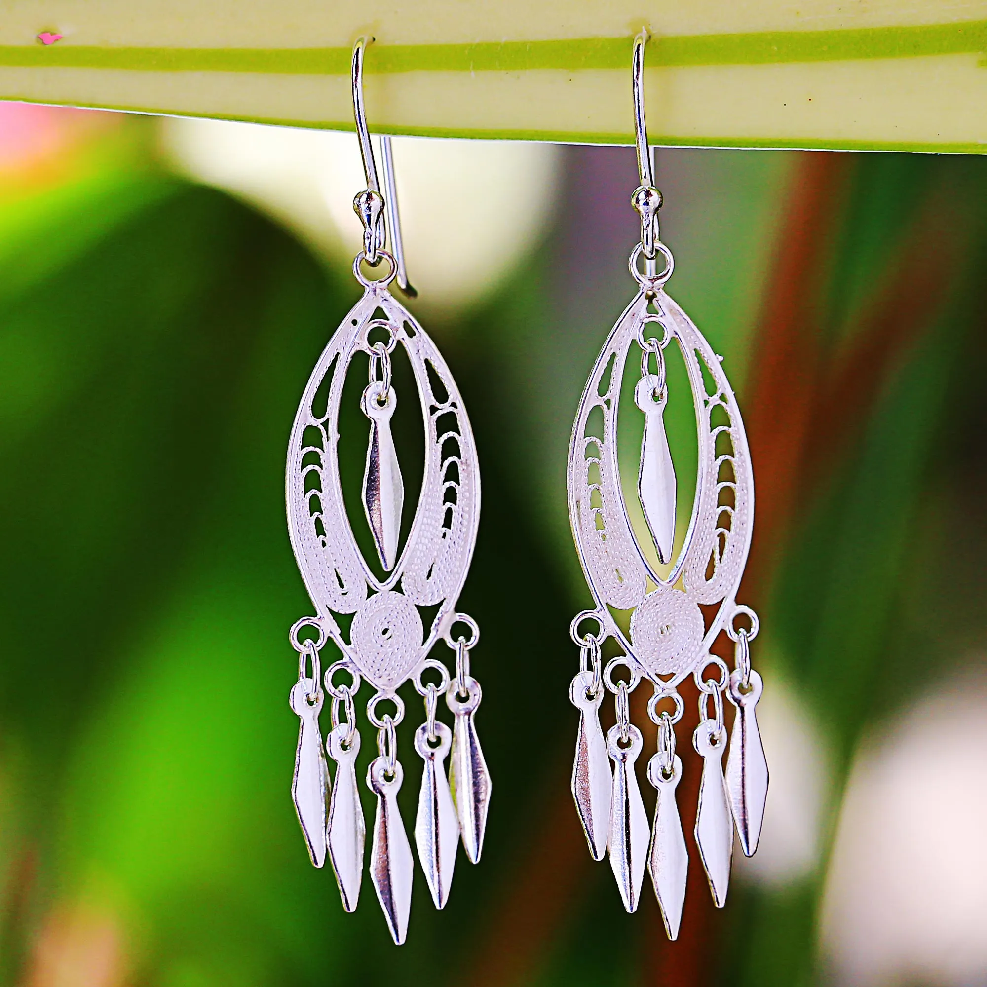 Sterling Silver Filigree Chandelier Earrings from Thailand - Shining Spears | NOVICA