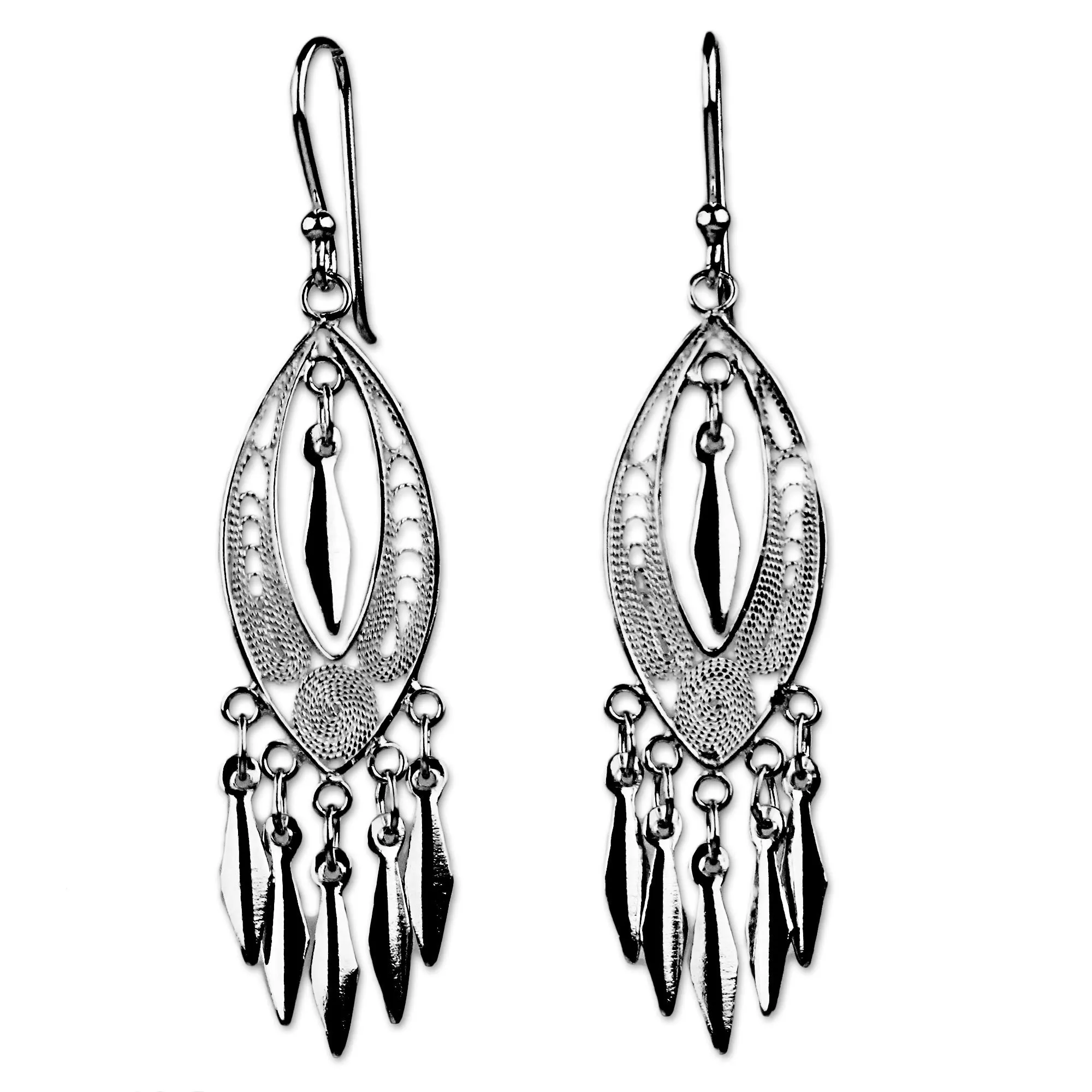 Sterling Silver Filigree Chandelier Earrings from Thailand - Shining Spears | NOVICA