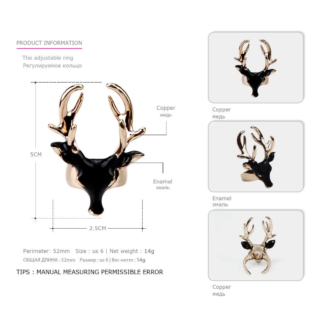 Unique Design Fashion Enamel Cuff Statement Rings for Women & Men Black & White Deer Head Copper Gold Plated Jewelry