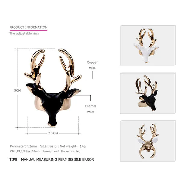 Unique Design Fashion Enamel Cuff Statement Rings for Women & Men Black & White Deer Head Copper Gold Plated Jewelry