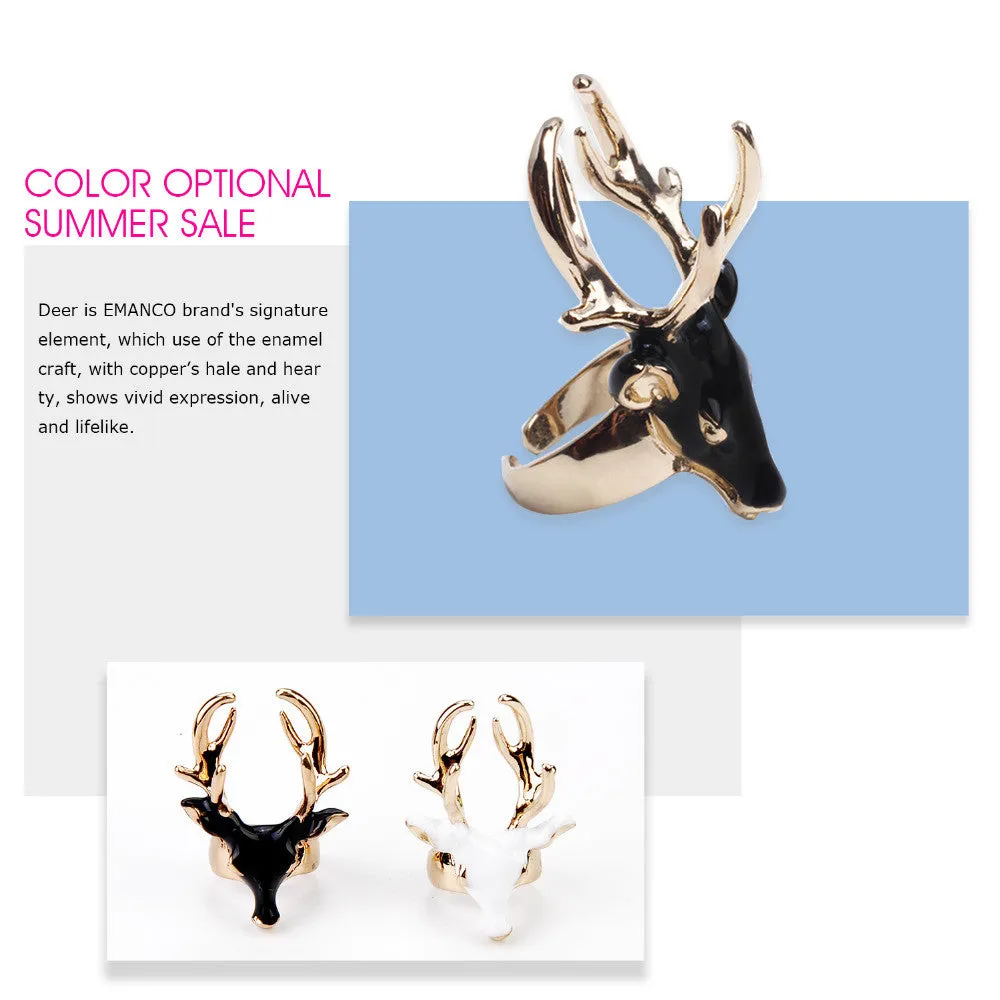 Unique Design Fashion Enamel Cuff Statement Rings for Women & Men Black & White Deer Head Copper Gold Plated Jewelry