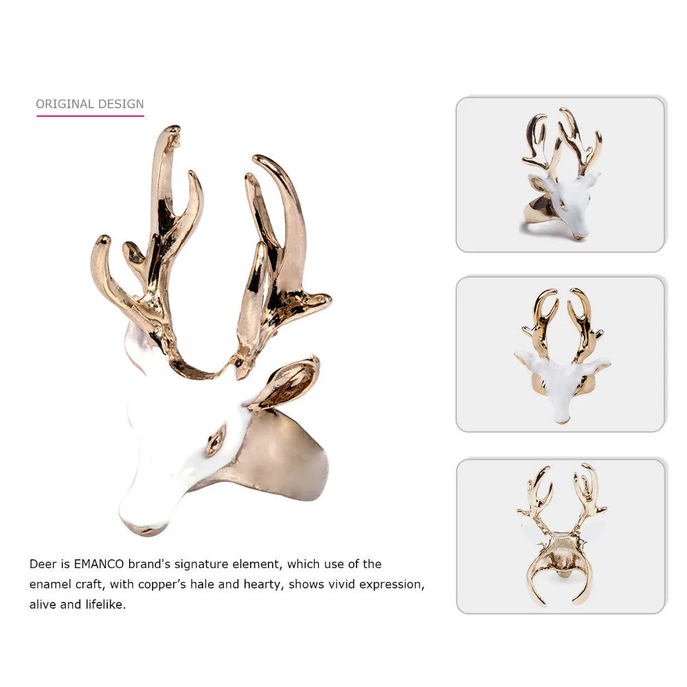 Unique Design Fashion Enamel Cuff Statement Rings for Women & Men Black & White Deer Head Copper Gold Plated Jewelry