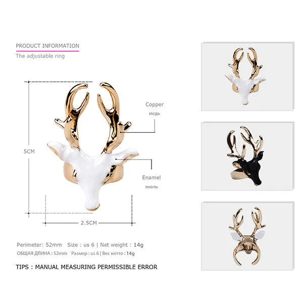 Unique Design Fashion Enamel Cuff Statement Rings for Women & Men Black & White Deer Head Copper Gold Plated Jewelry