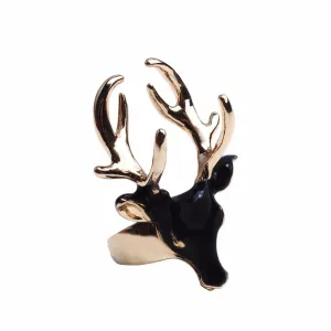 Unique Design Fashion Enamel Cuff Statement Rings for Women & Men Black & White Deer Head Copper Gold Plated Jewelry