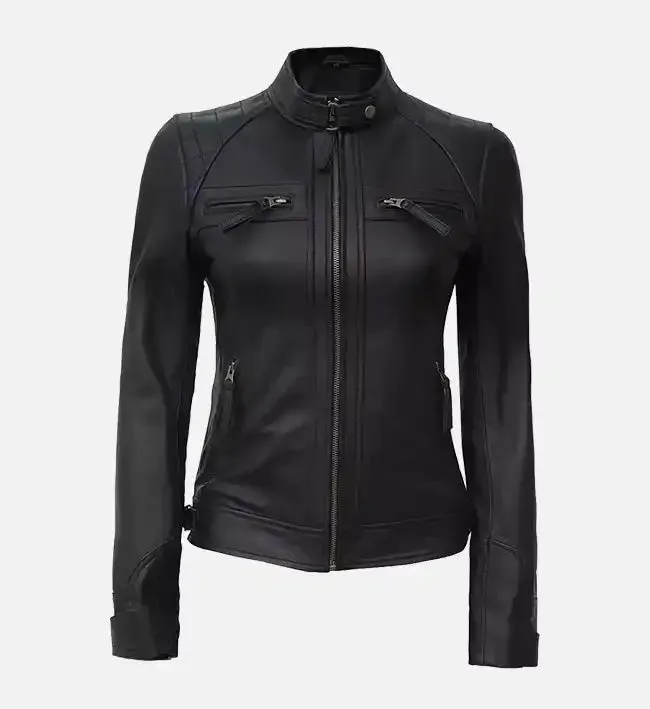 Women’s Black Quilted Cafe Racer Leather Jacket