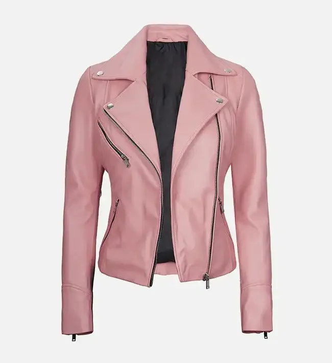 Women's Moto Style Pink Leather Jacket