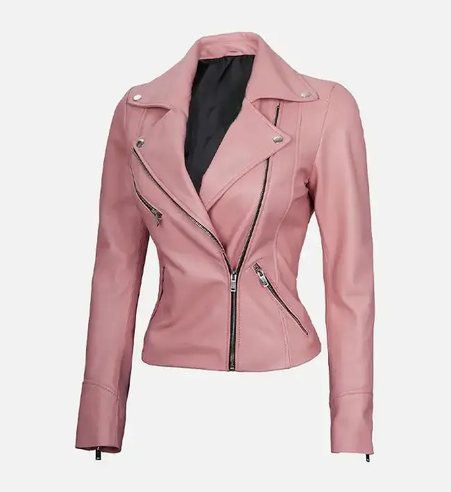 Women's Moto Style Pink Leather Jacket