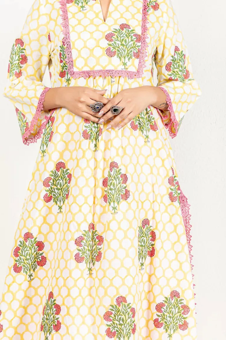 Yellow Hand Block Printed Kurta