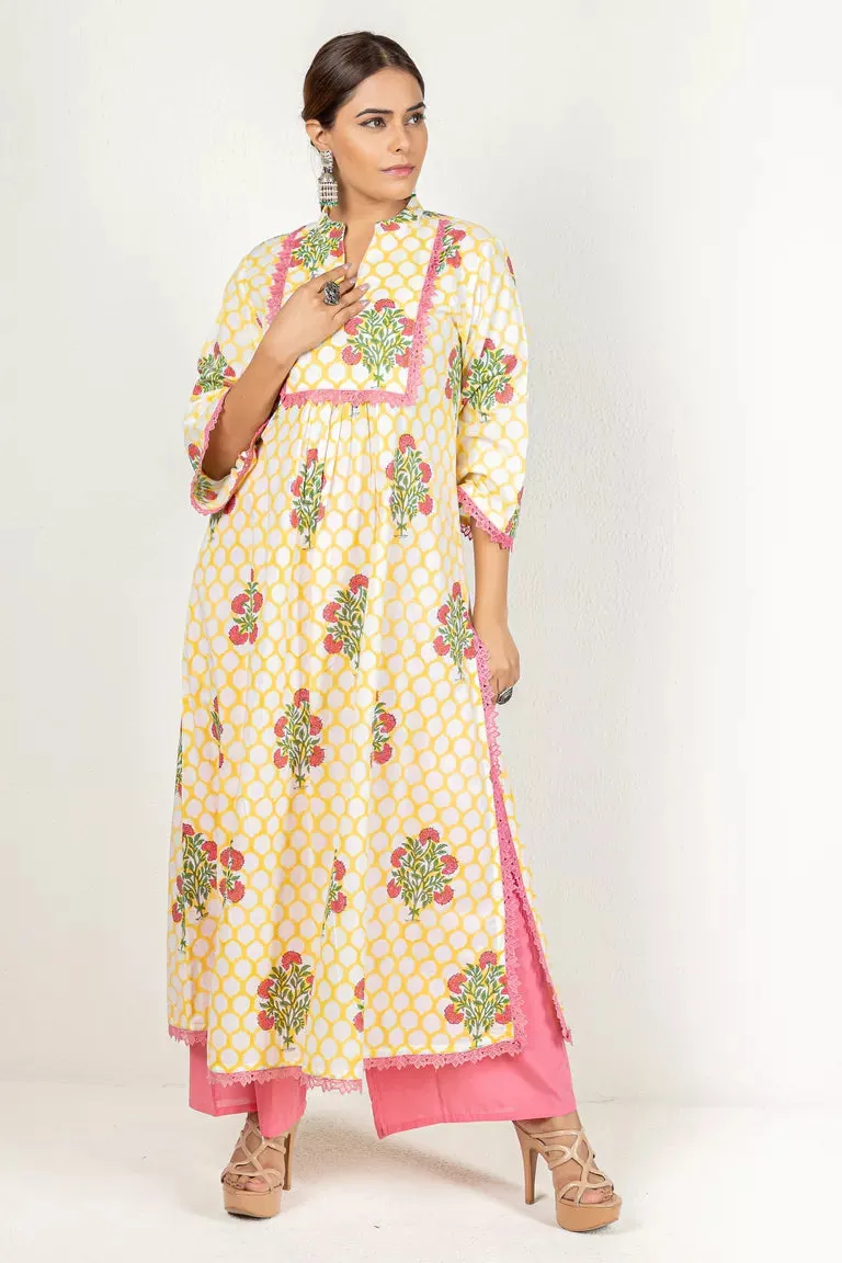 Yellow Hand Block Printed Kurta