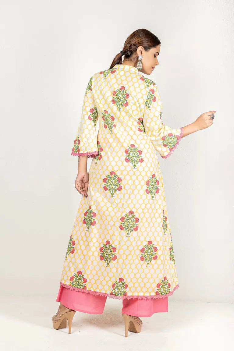 Yellow Hand Block Printed Kurta